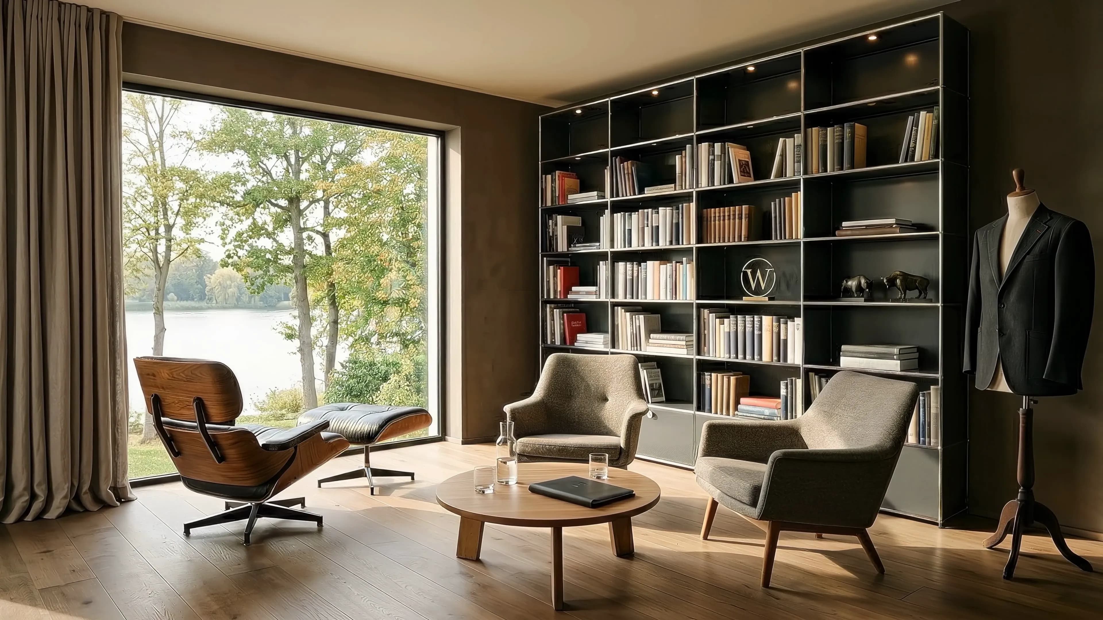 Edler Lounge-Bereich mit Holzvertäfelung, zwei Sesseln und indirekter Beleuchtung